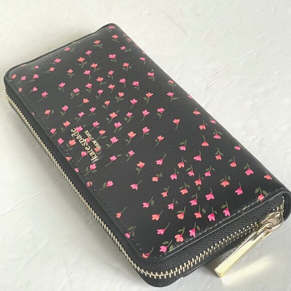 Kate Spade Sylvia Pink Floral Slim Wallet Womens Black Saffiano Zip Around - Picture 3 of 10